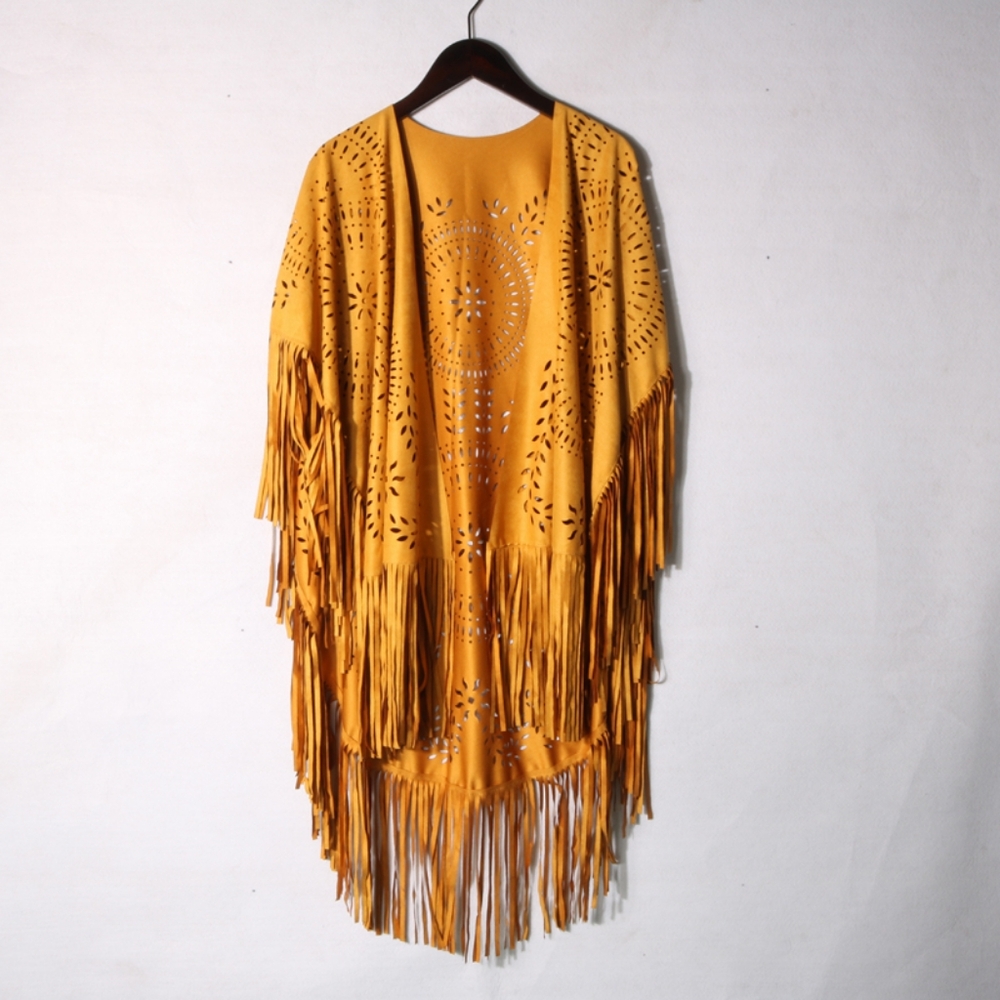 NWT  Yellow Mustard Fringed Cut Out Boho Poncho